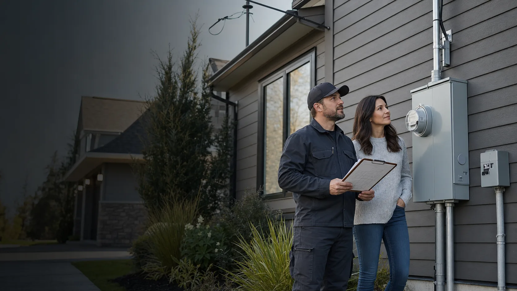 Canadian homeowner and licensed electrician reviewing a closed residential meter and service entrance for a 200 amp upgrade