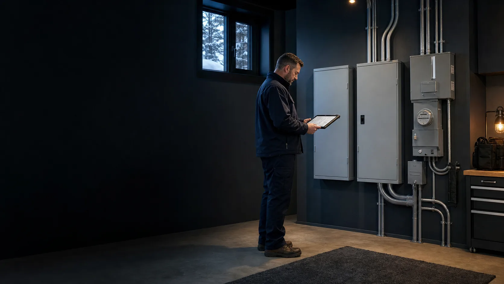 Electrical professional comparing 200 amp and 400 amp Canadian residential service designs beside closed distribution and metering equipment