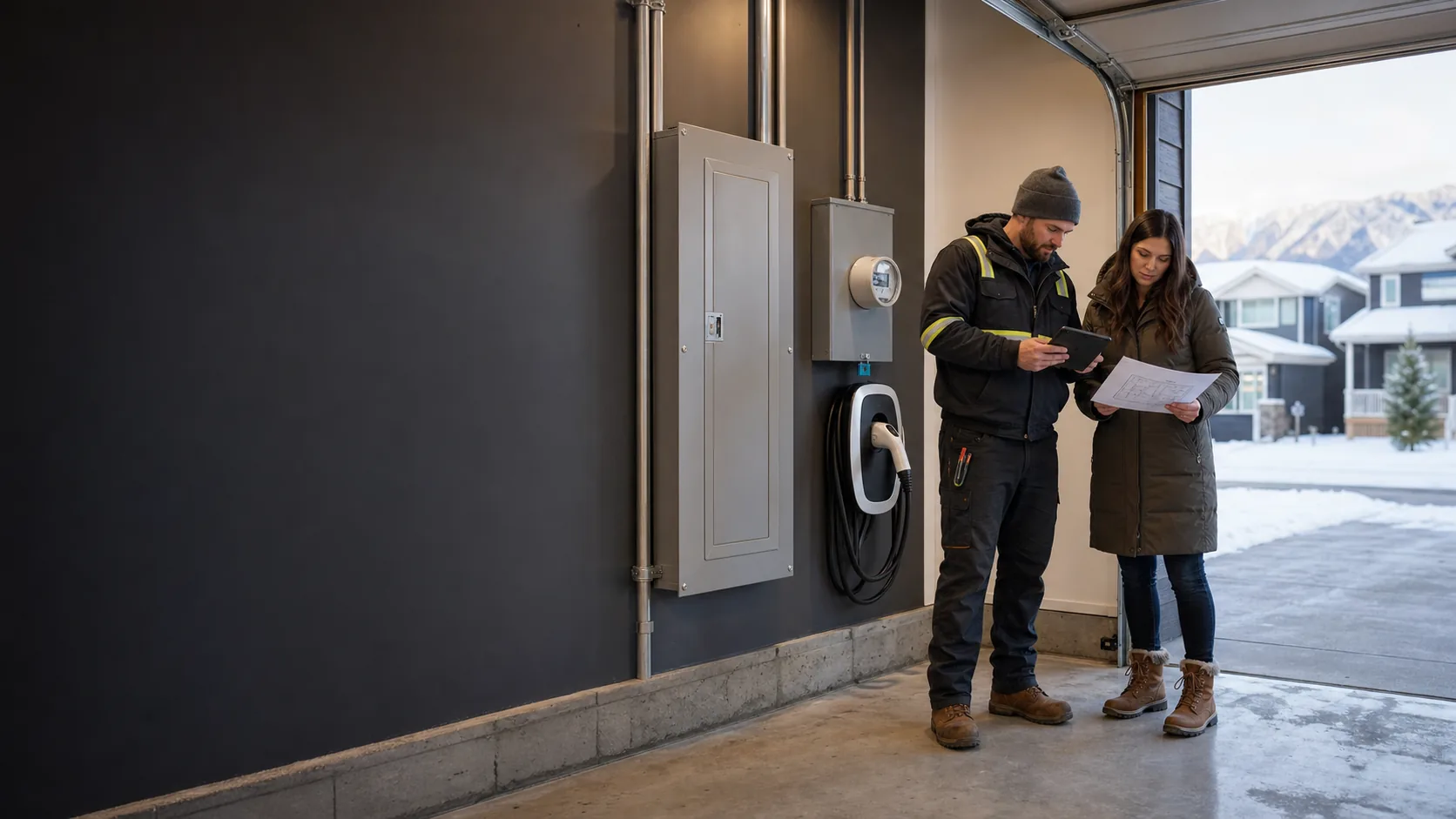 Calgary homeowner and electrician reviewing a 200 amp service plan beside closed electrical equipment