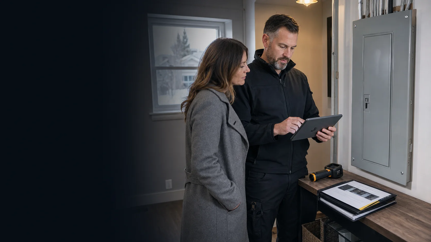 Electrical professional and homeowner reviewing inspection evidence beside a closed Calgary home panel