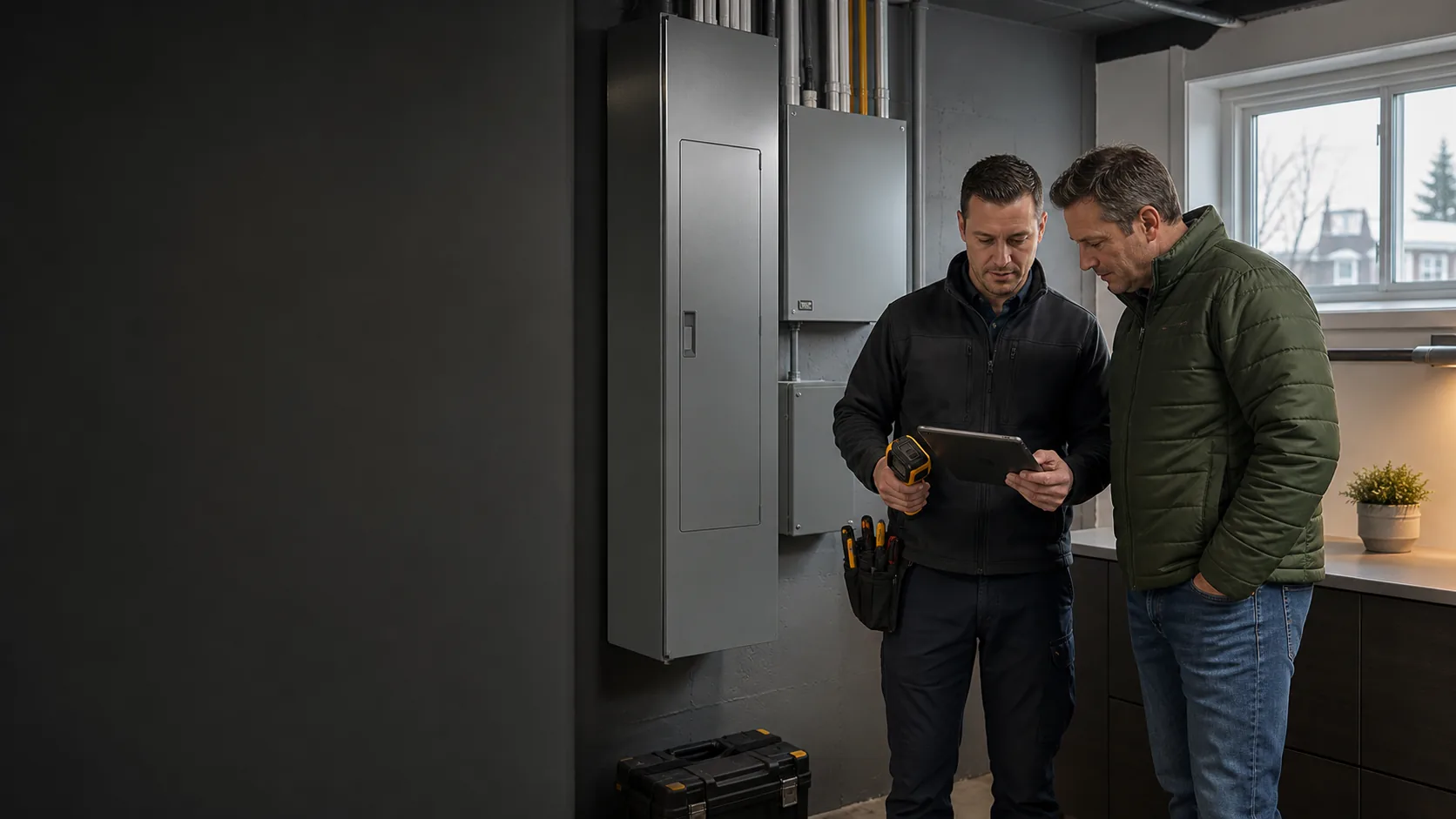 Calgary electrician and homeowner reviewing a condition report beside closed electrical panels