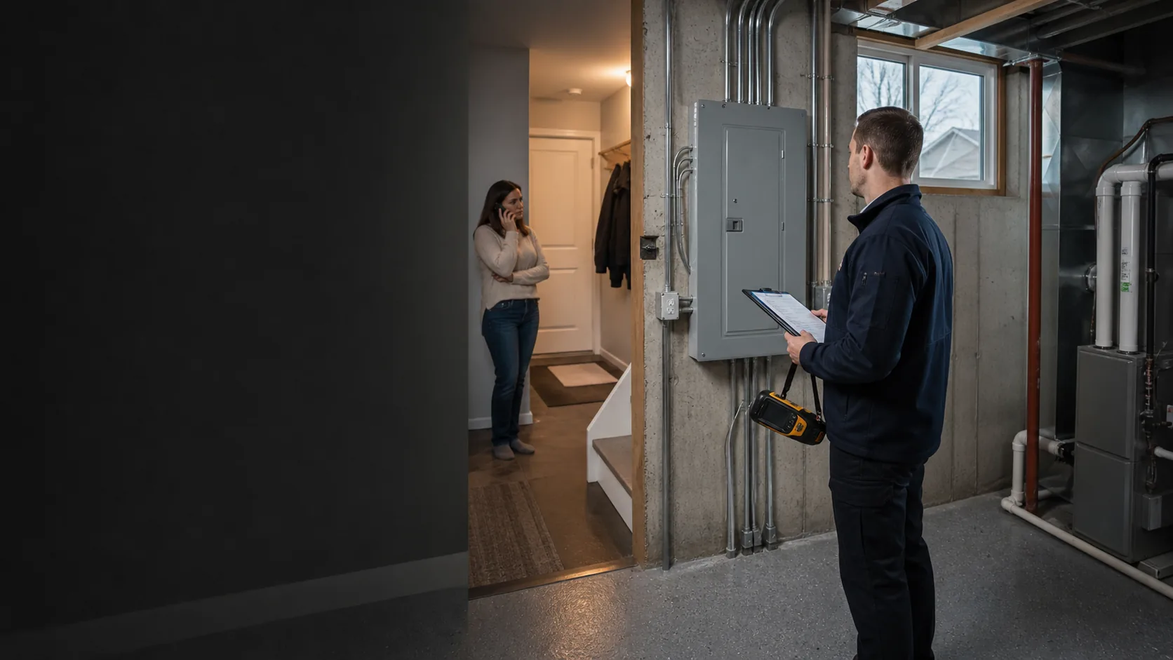 Calgary homeowner calling from a safe doorway while an electrician assesses a closed electrical panel