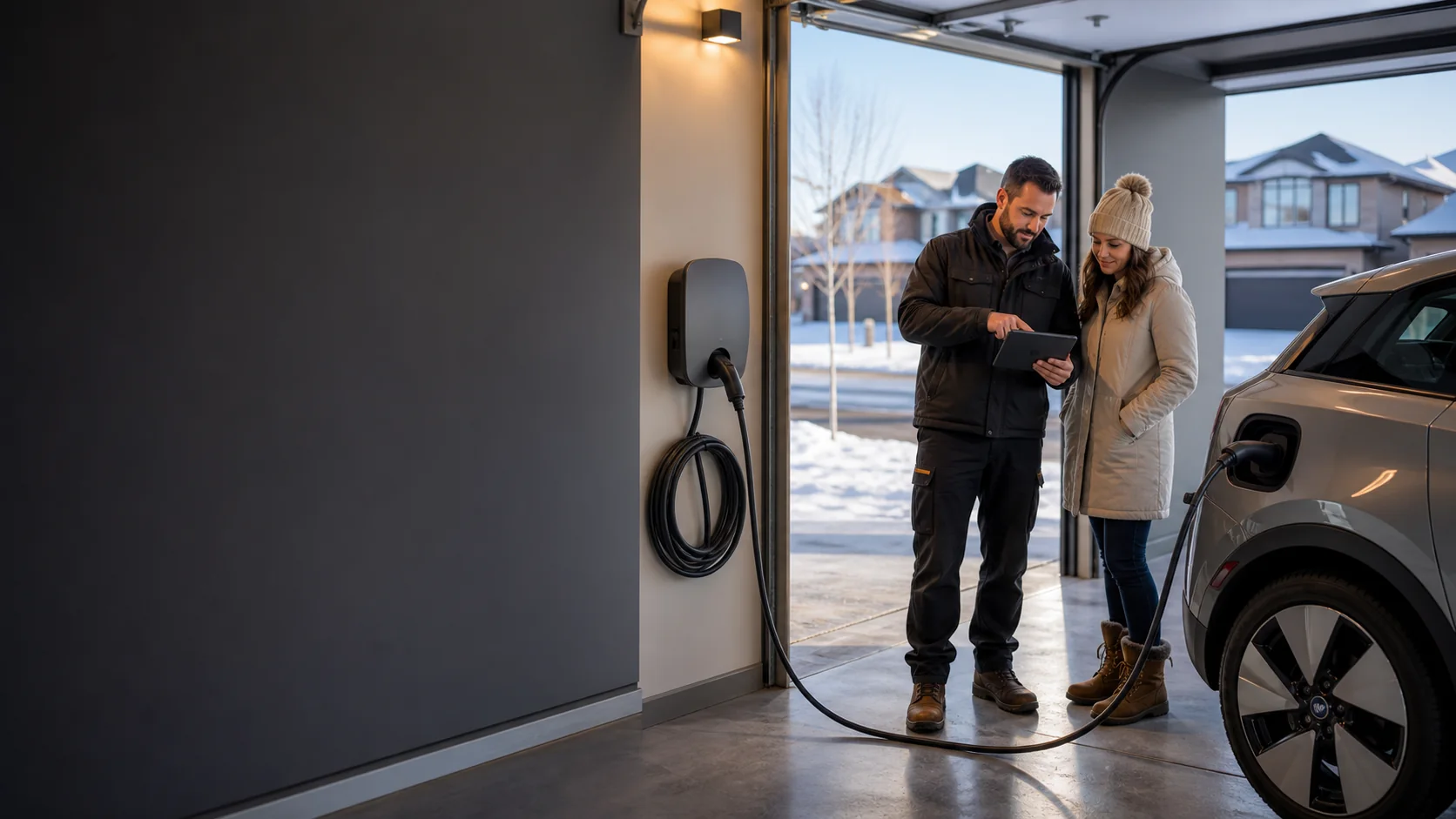 Electrician and homeowner reviewing a home EV charger plan in a Calgary winter garage