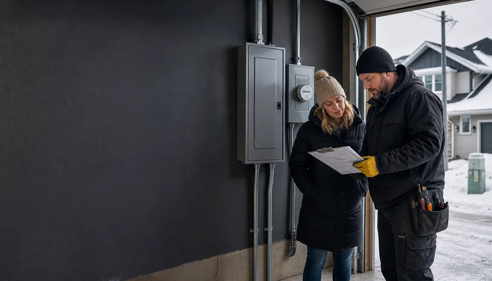 Edmonton homeowner and electrician reviewing a service-upgrade plan beside closed meter and panel equipment