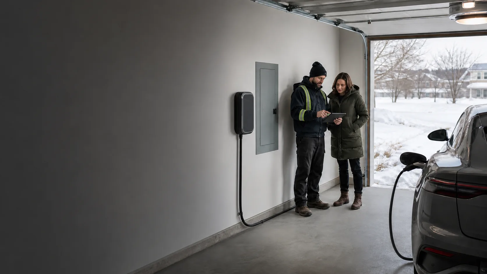 Edmonton homeowner and electrician planning a garage EV charger beside a closed panel