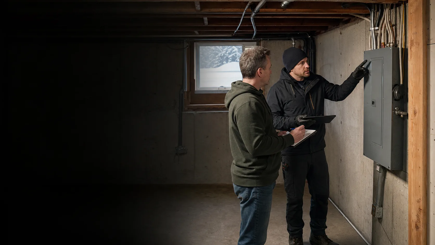 Edmonton homeowner and electrician reviewing the exterior condition of a closed panel