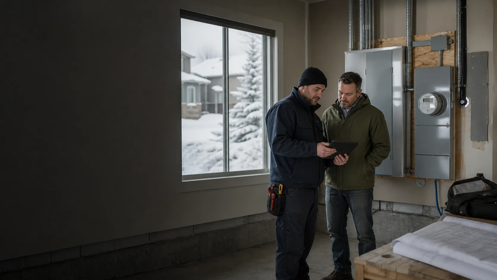 Edmonton homeowner and electrician reviewing a load plan beside closed service equipment