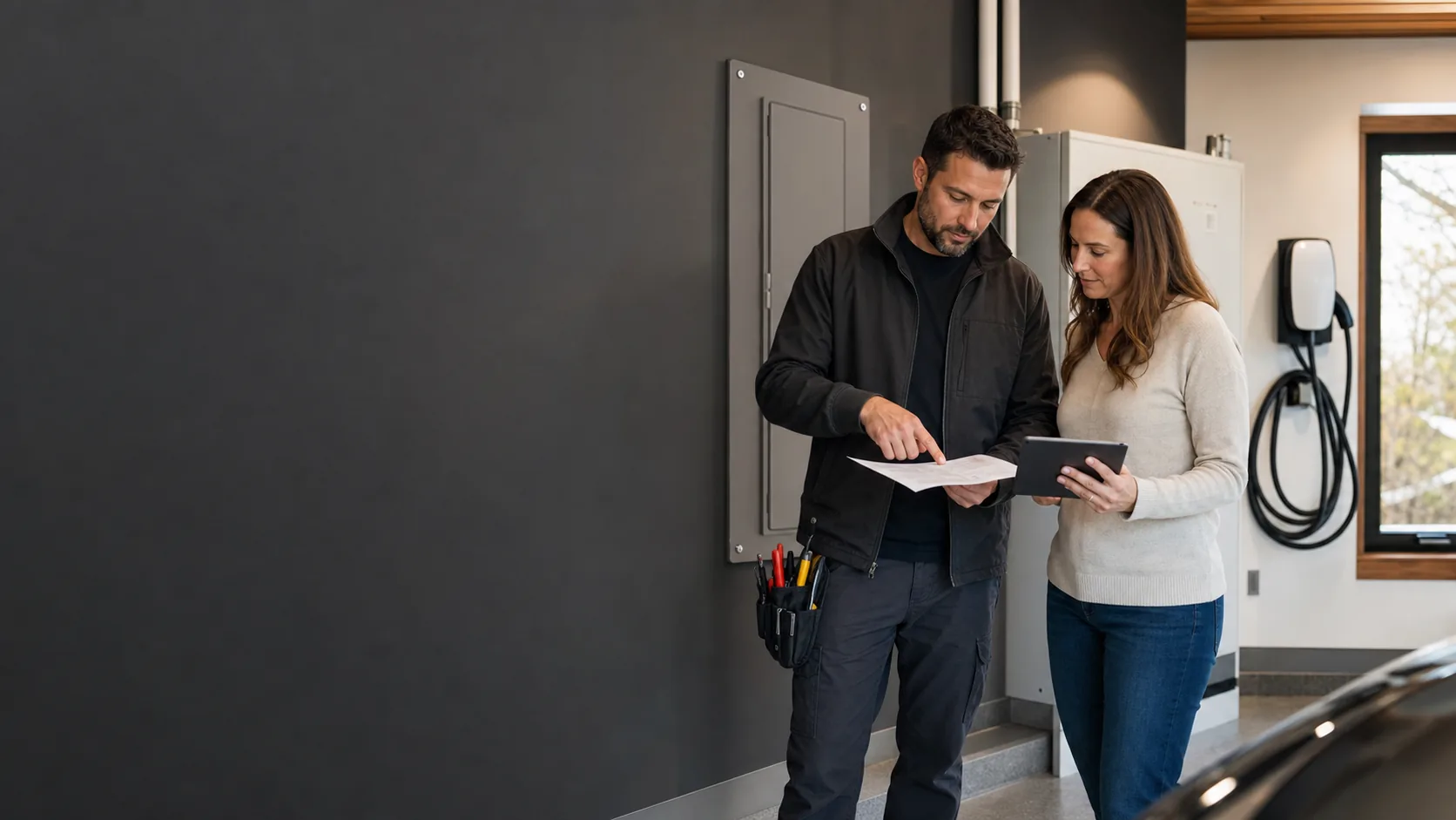 Licensed electrician and homeowner reviewing an electrical capacity plan beside a closed panel and EV charger