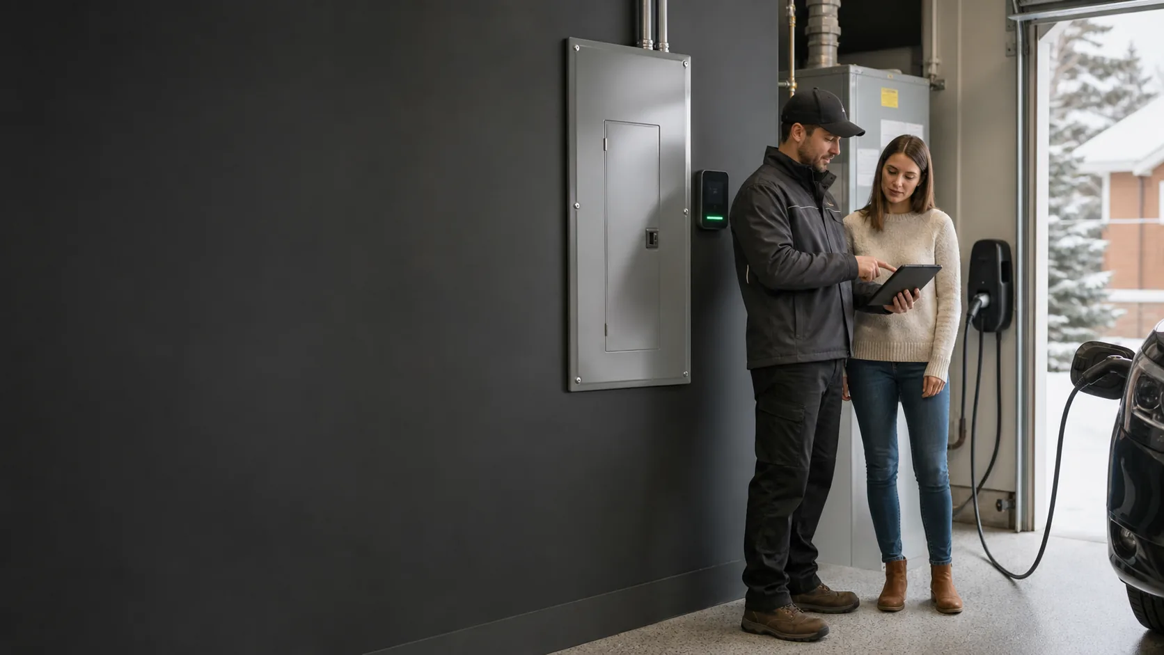 Electrician and homeowner reviewing load management beside a closed panel and EV charger