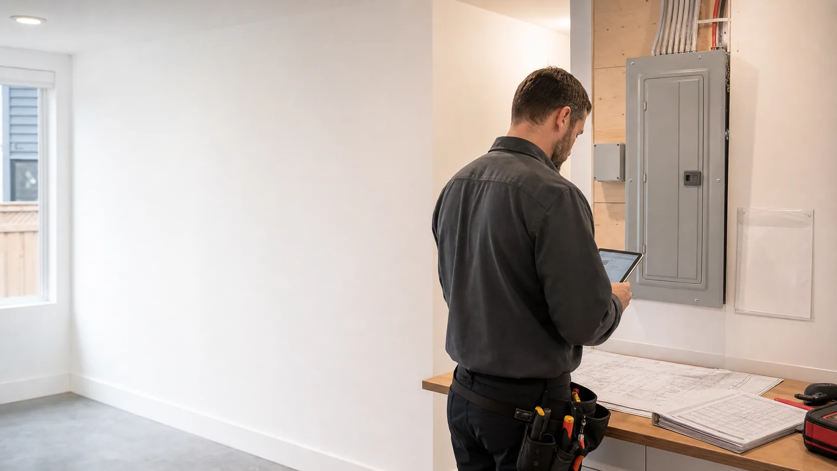 Electrical professional reviewing panel plans and inspection records beside a closed Canadian residential panel