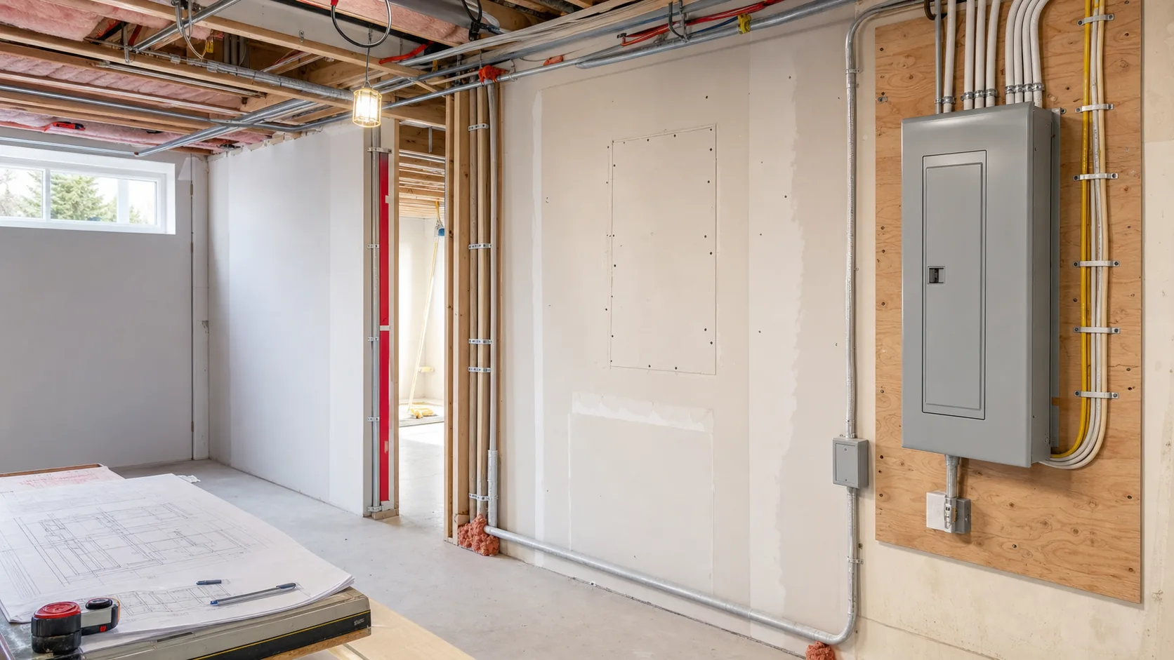 Closed electrical panel at a planned new location in a Canadian home renovation