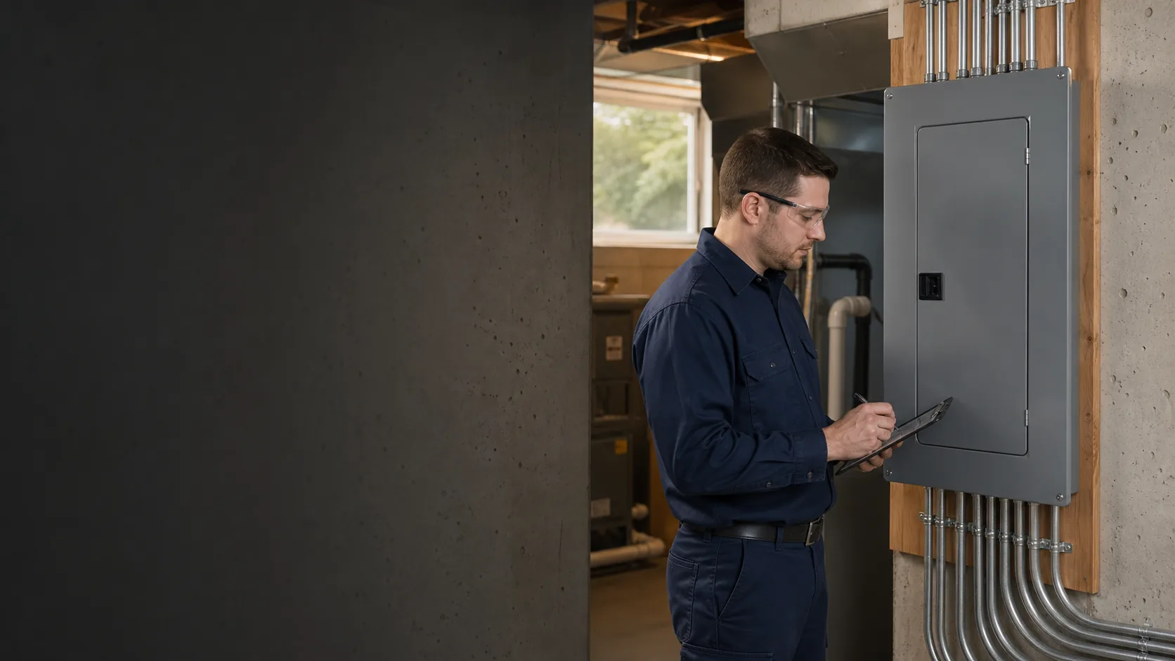 Electrician documenting a closed modern electrical panel in a Canadian home