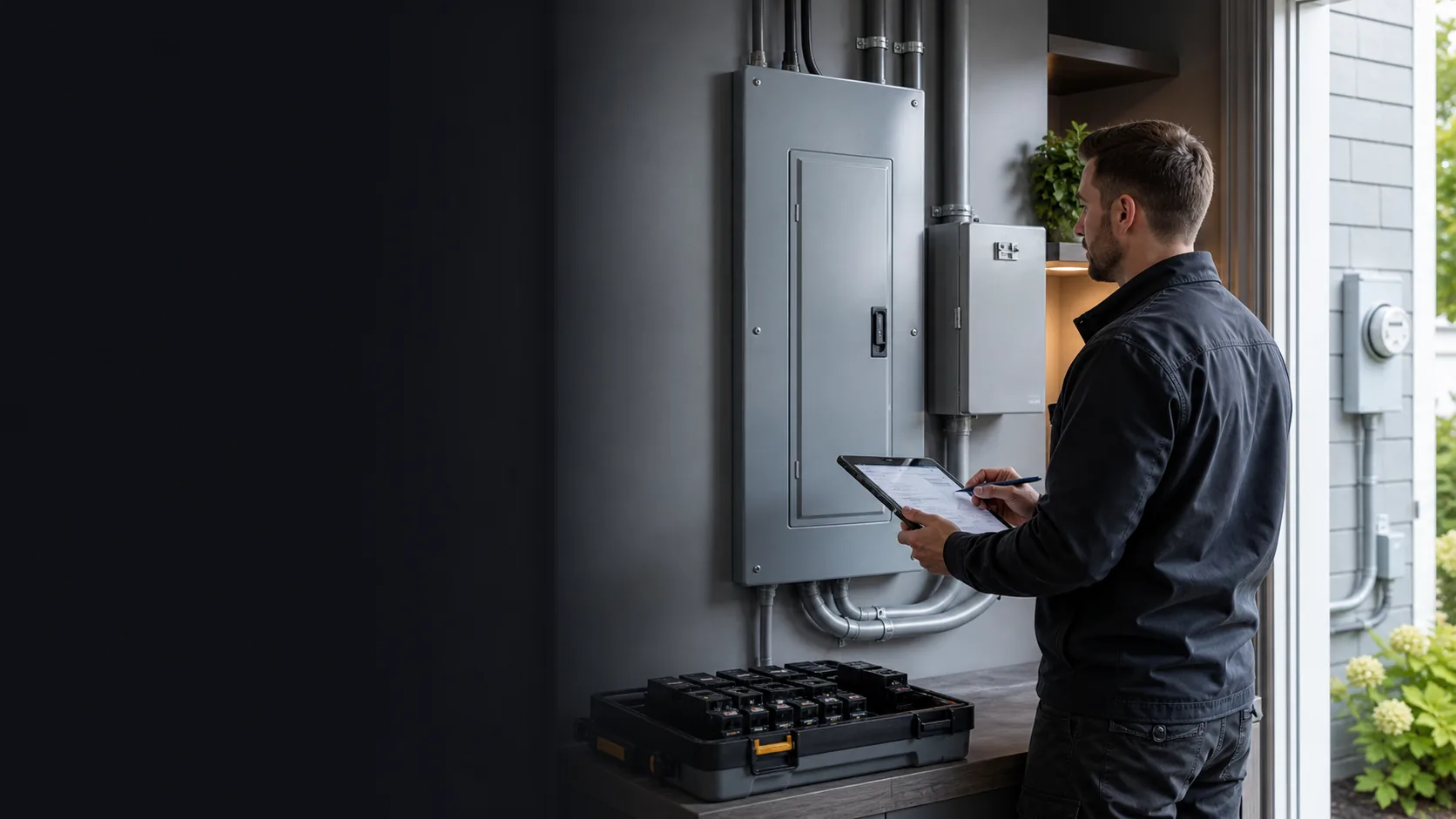 Electrical professional preparing an itemized Canadian replacement estimate beside a closed modern electrical panel