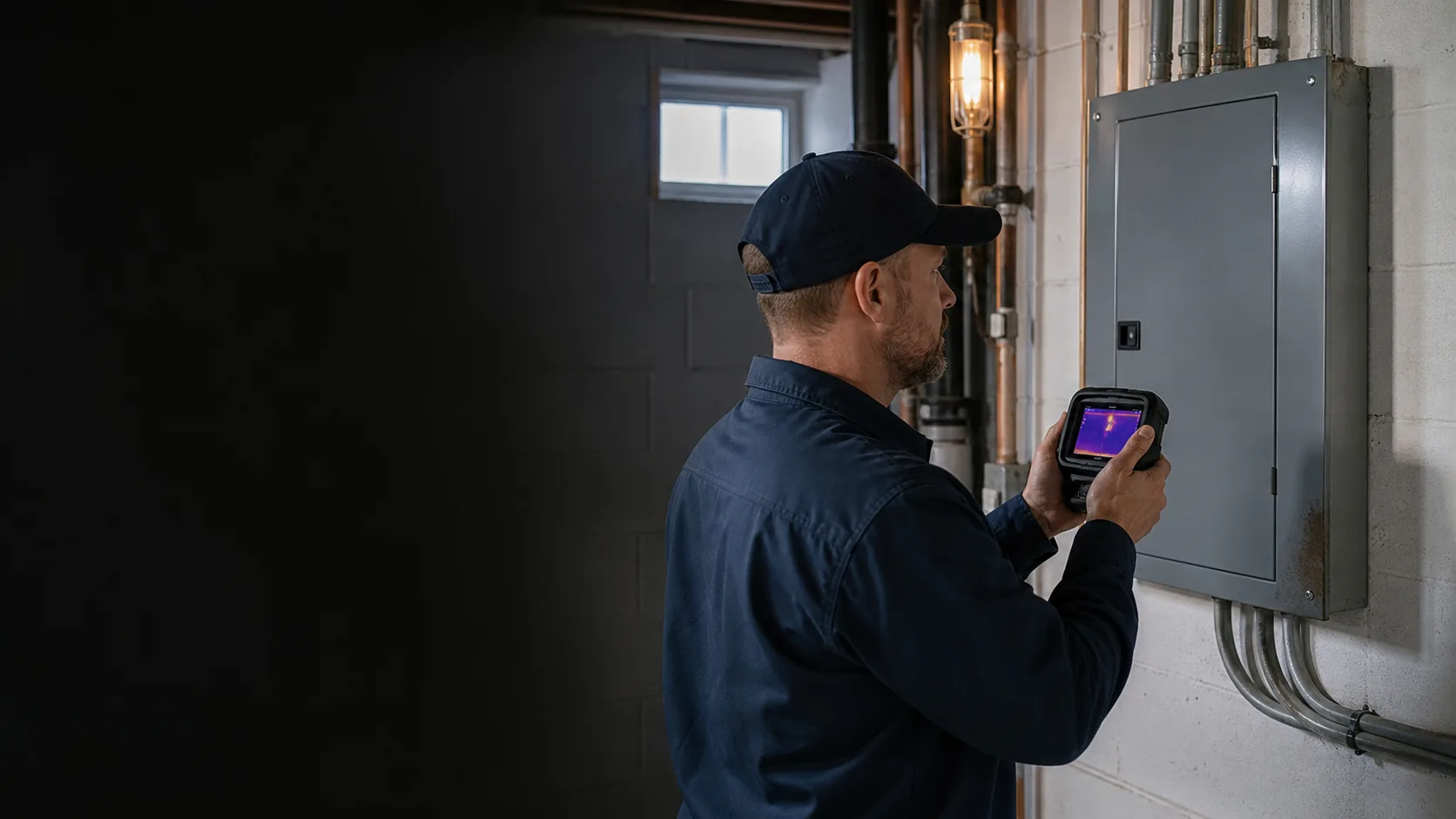 Electrical professional using a thermal camera to assess a closed Canadian residential panel