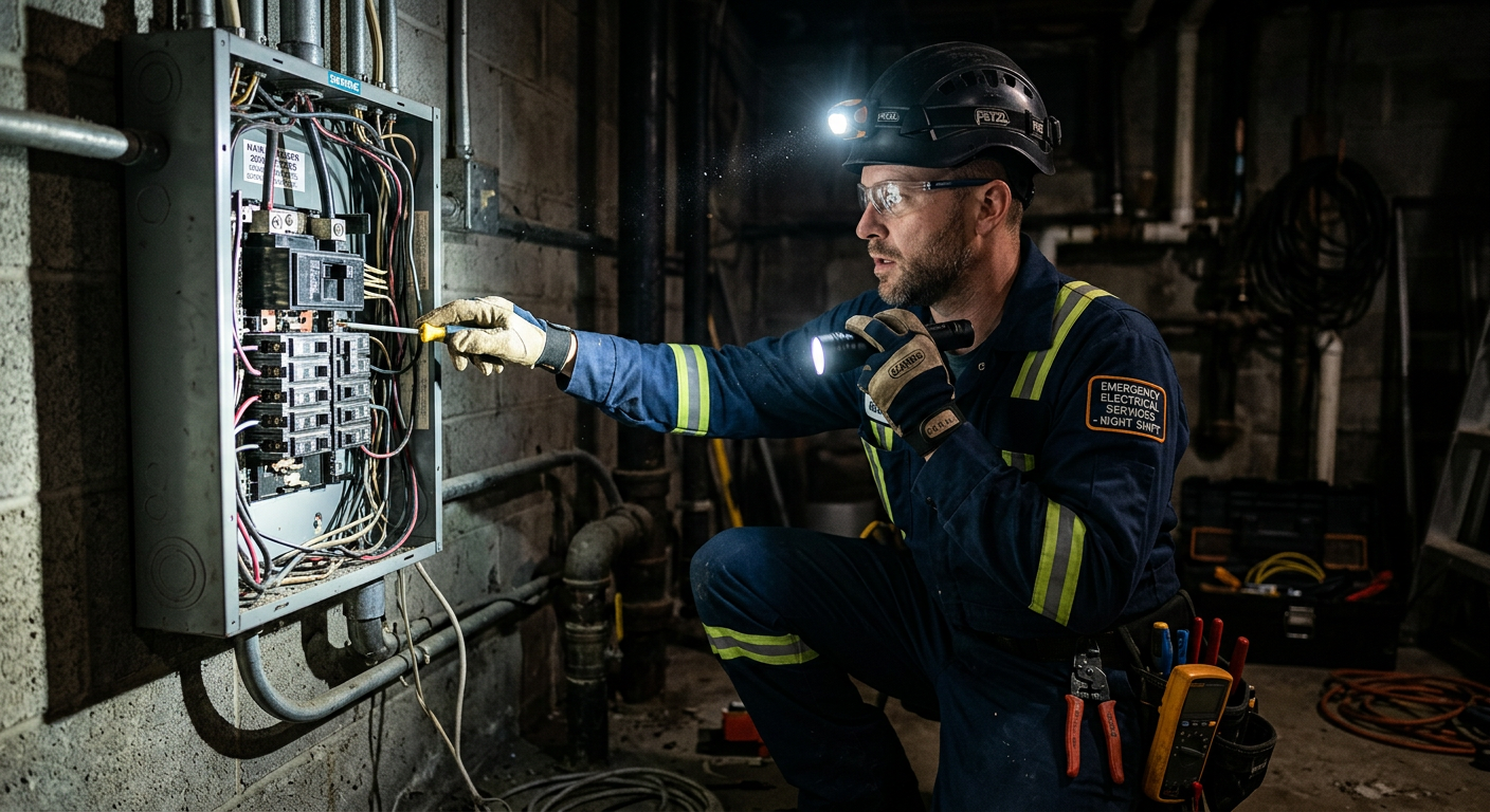 Residential electrical panel warning scene for buzzing, heat, arcing or burning odour guidance