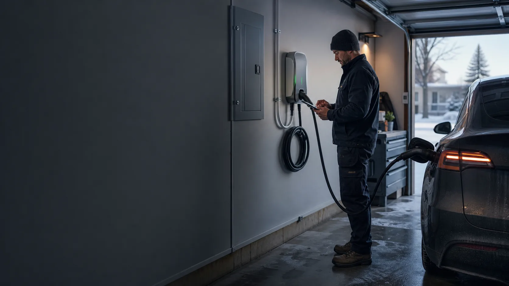 Electrical professional commissioning a closed Level 2 EV charger beside an electric vehicle in a Canadian winter garage