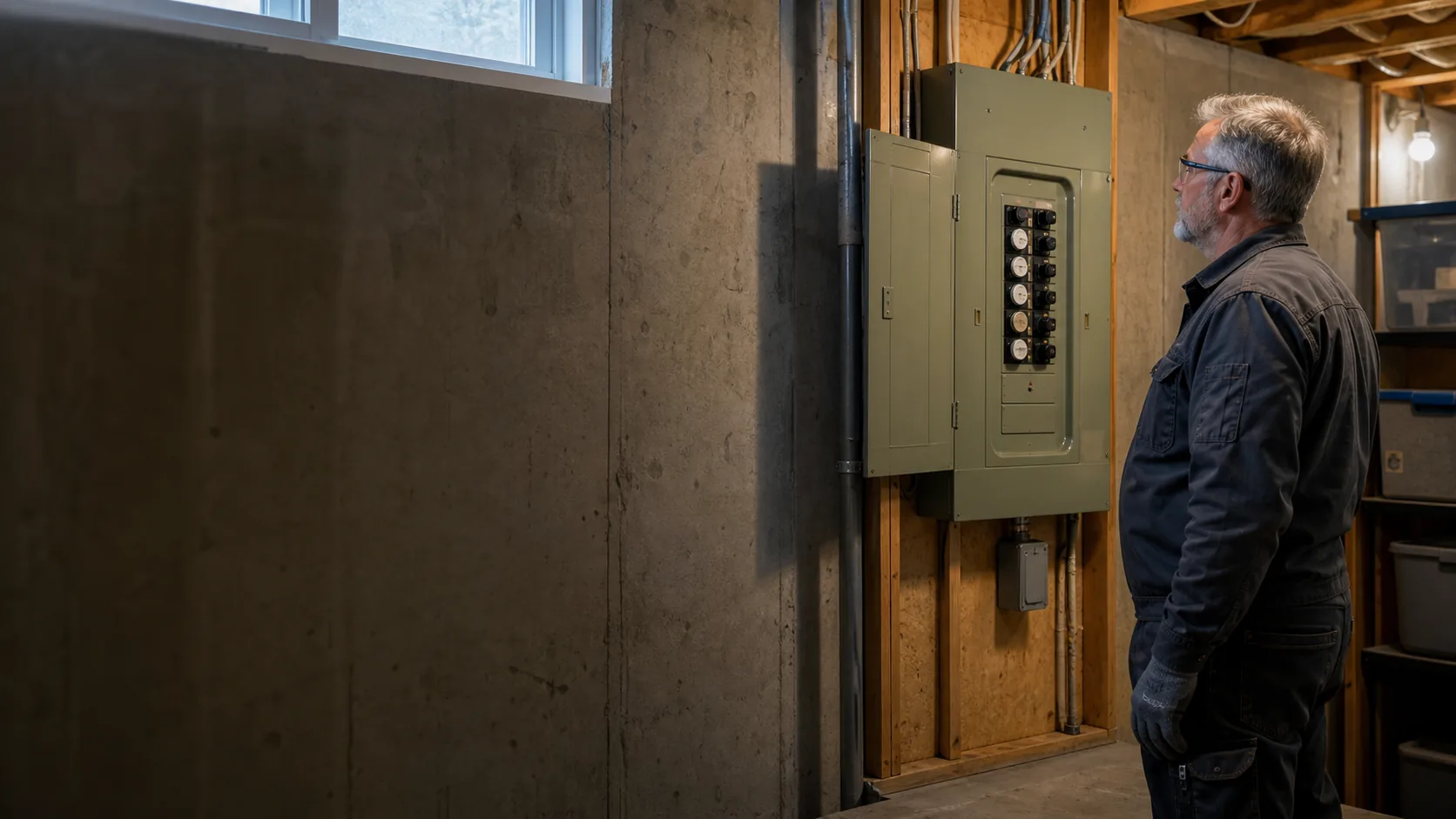 Licensed electrician visually assessing an older Canadian residential fuse panel with its protective cover intact