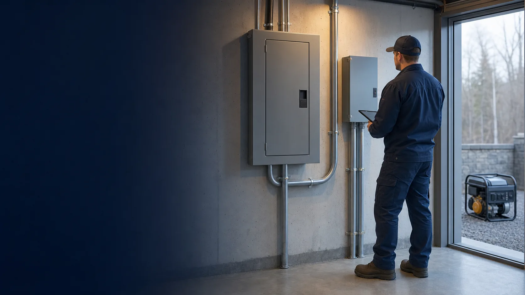 Electrician reviewing closed generator transfer equipment beside a Canadian residential electrical panel