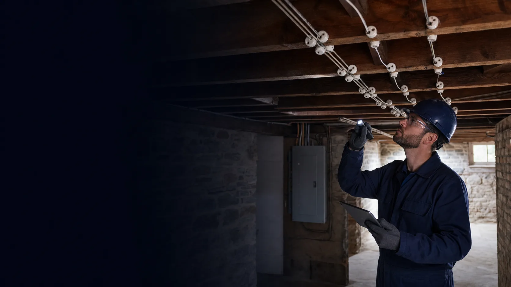 Electrical professional documenting visible knob-and-tube wiring in the basement of a pre-war Canadian home