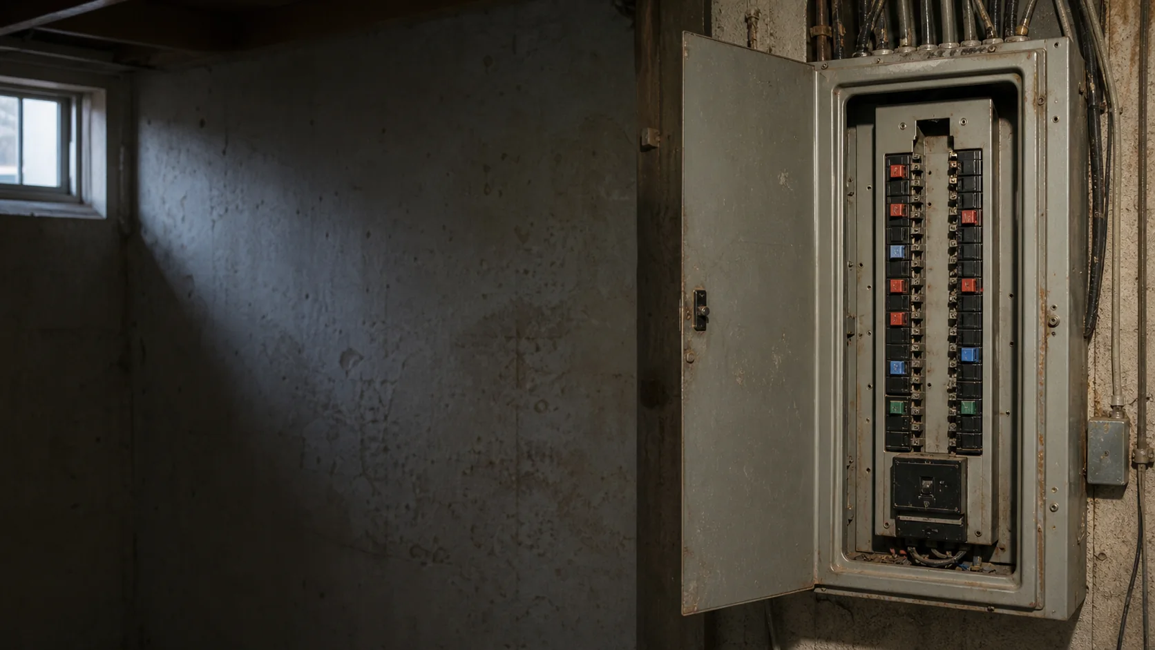 Older residential breaker panel with coloured handles requiring exact product identification