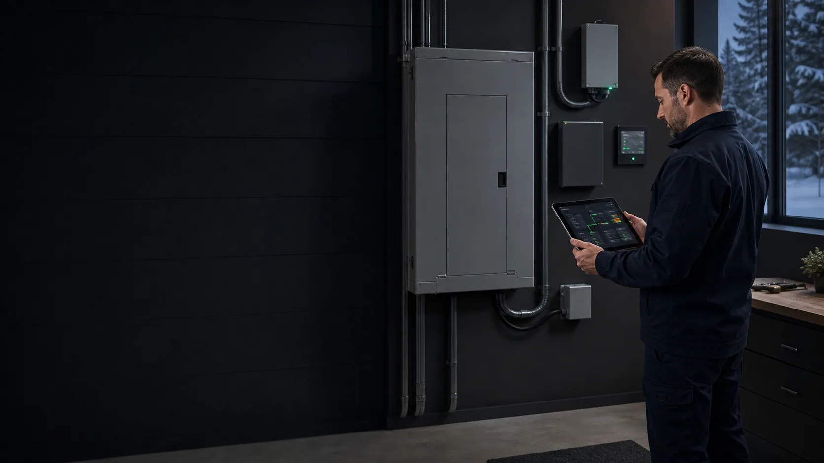 Electrical professional commissioning a closed smart electrical panel and local home energy management controls in a Canadian utility room